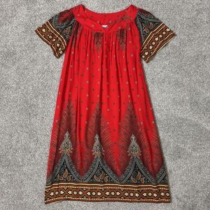Ekouaer Dress Womens Small Red Paisley Boho Kaftan Midi Pockets Rayon Casual